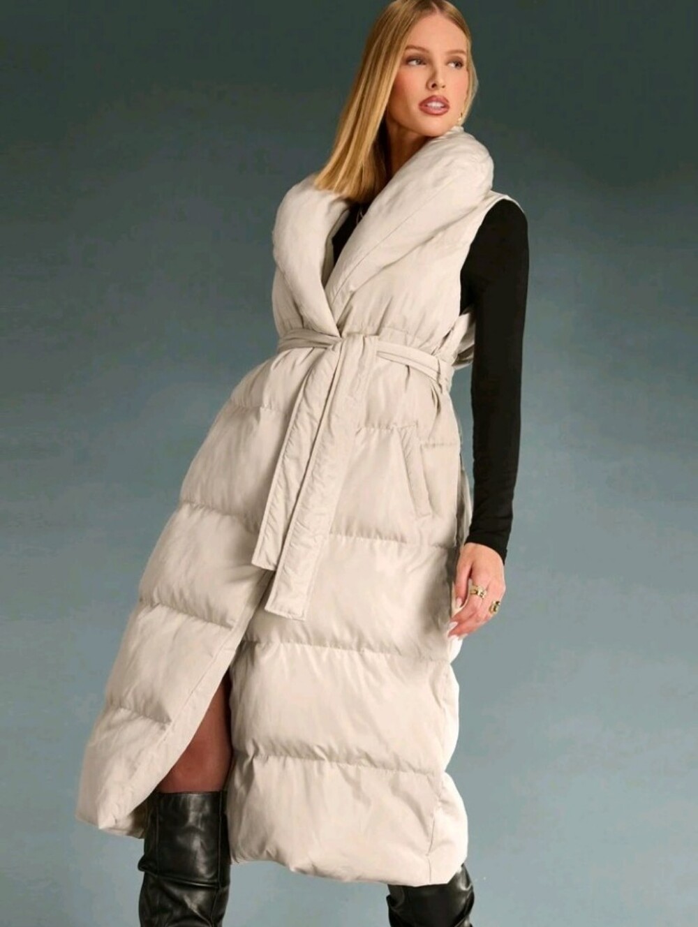 Women's Long Puffer Vest | Beige Puffer Tie Waist Vest | XL-XXL read Measurement